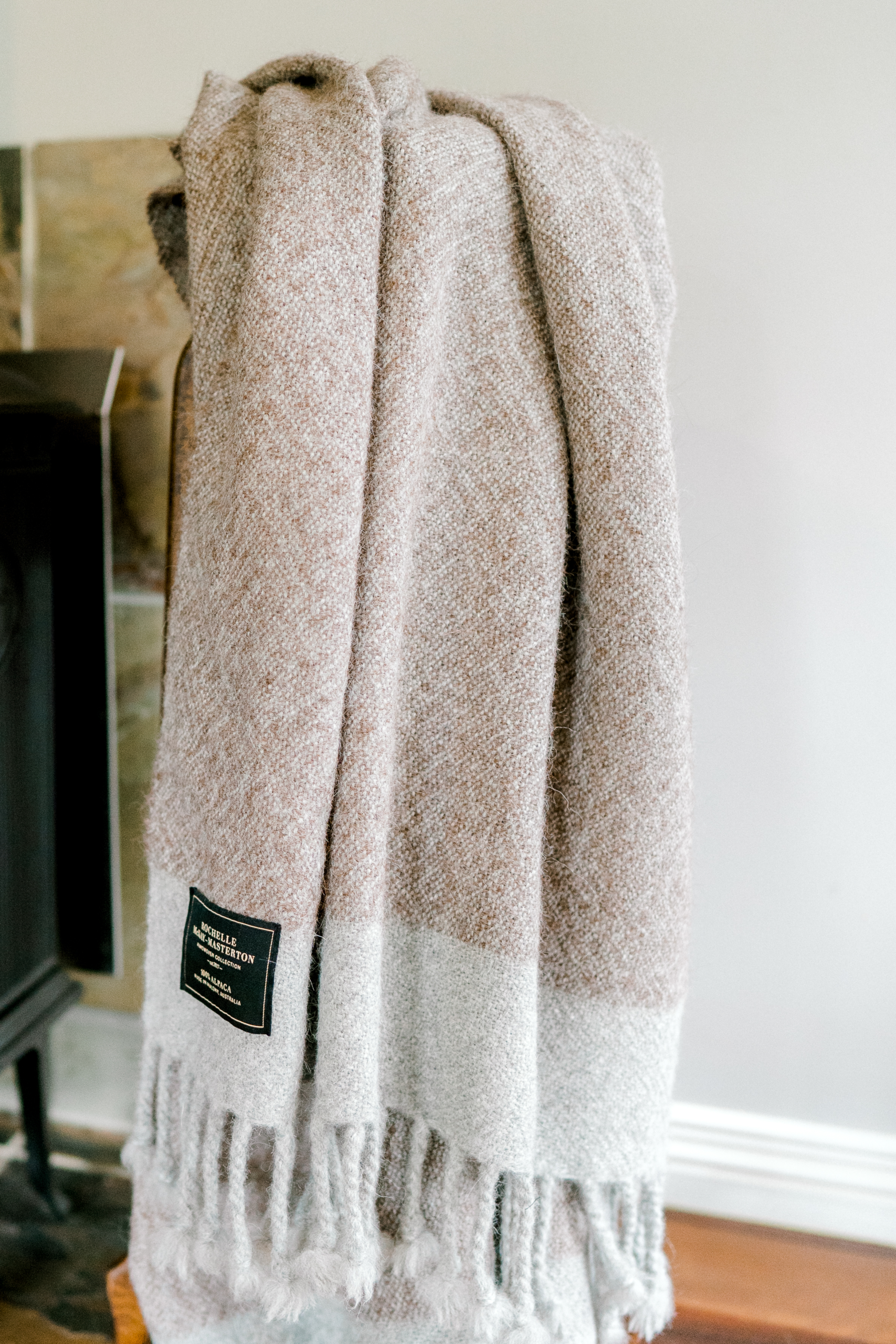 Alpaca Throw Australia. Light Grey & Rose Brown