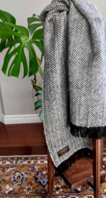 Handwoven Black & White Herringbone Pure Alpaca Scarf - Image 2
