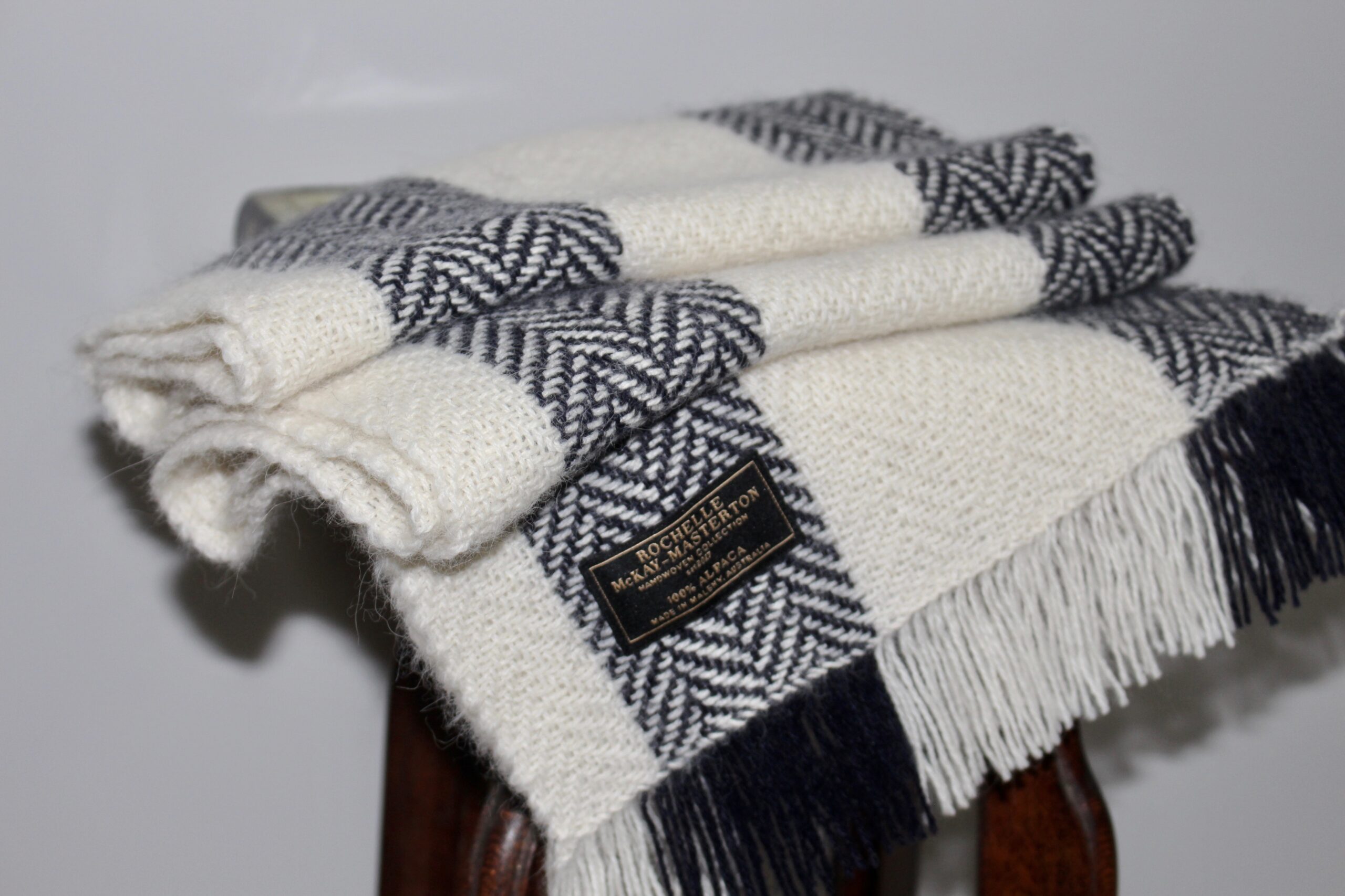 handwoven alpaca scarf Australia. french blue and white herringbone