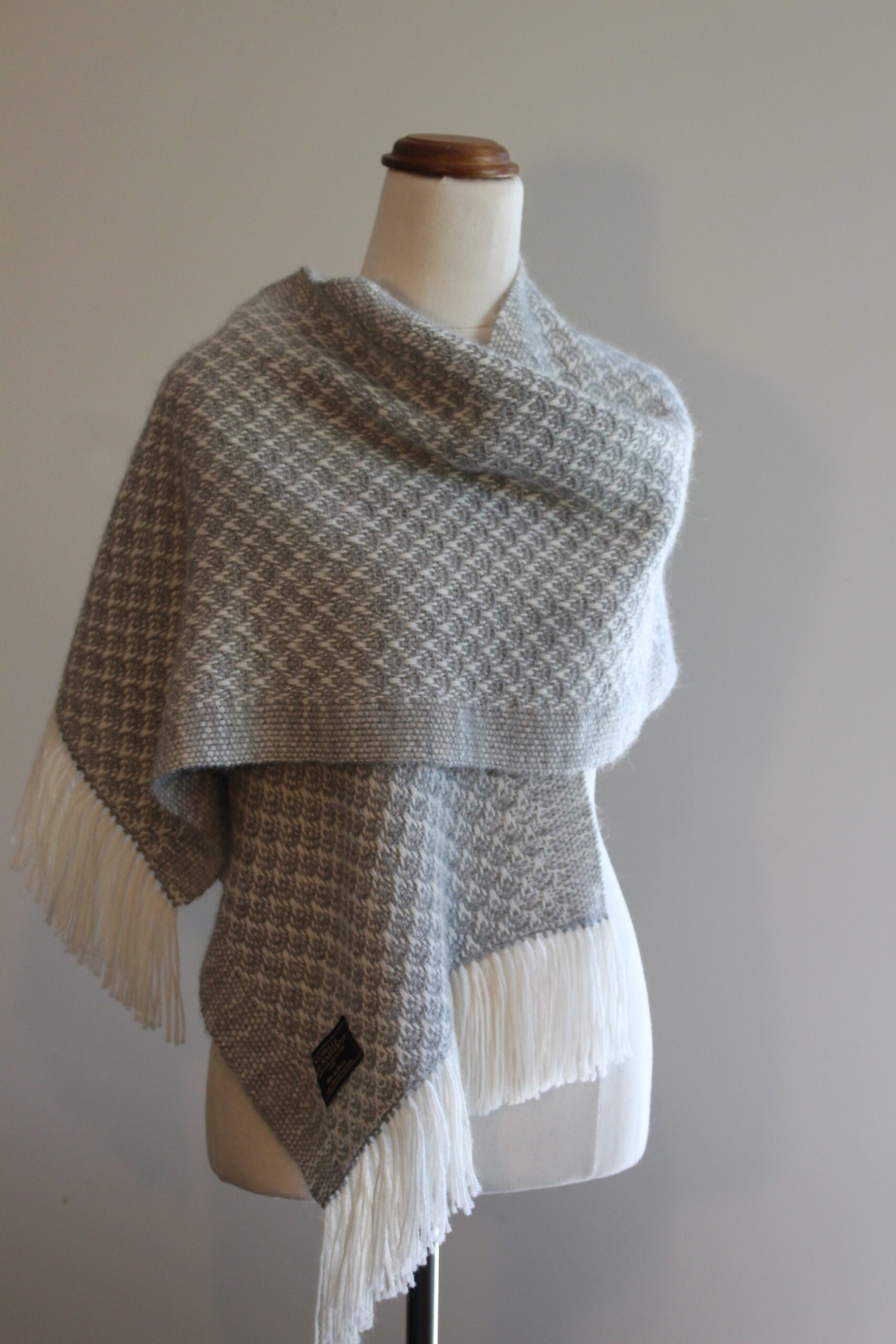 Alpaca Shawl Australia. Light Grey and White Seashells pattern