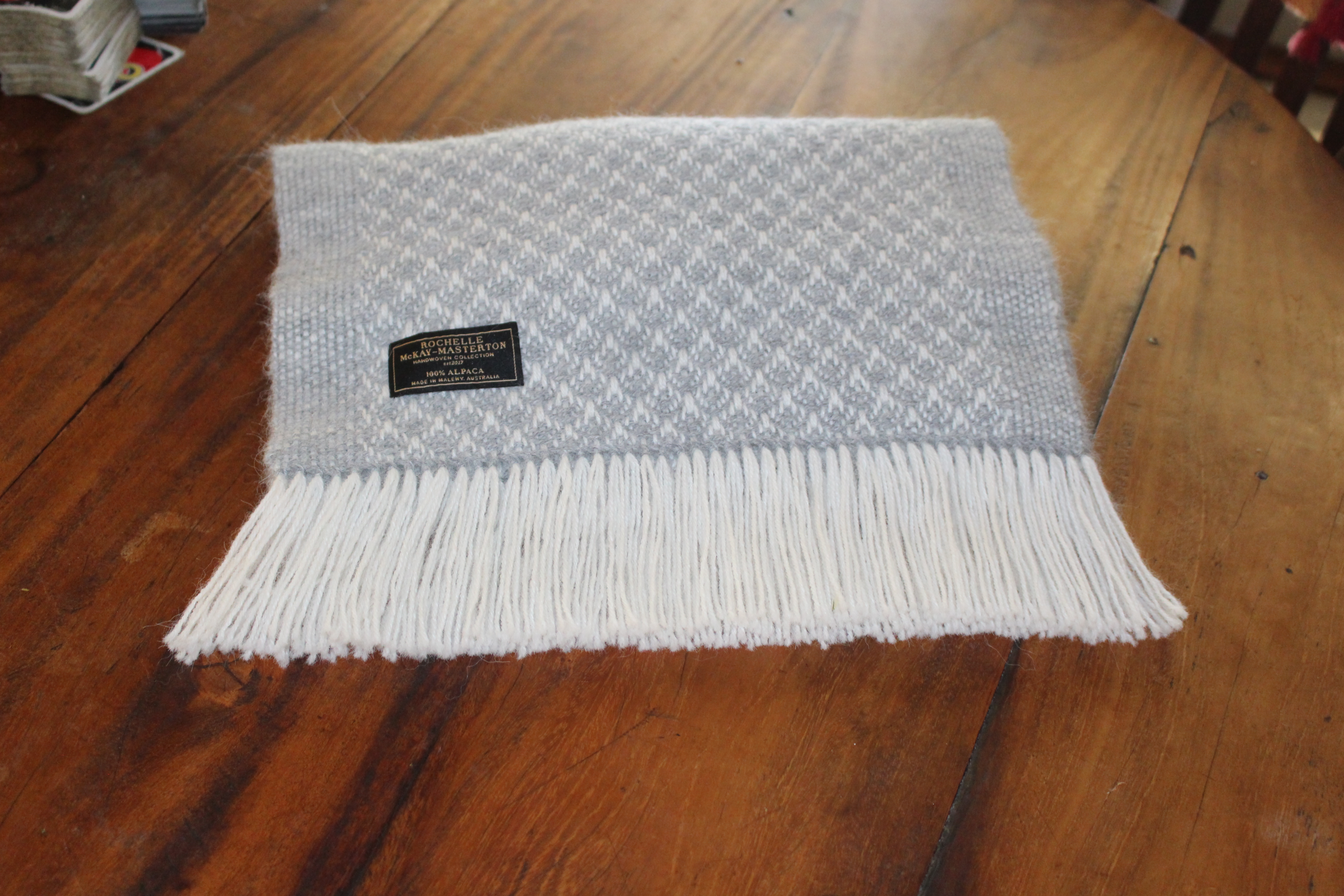 Handwoven Light Grey & White 'Seashells' Pure Alpaca Shawl - Image 3