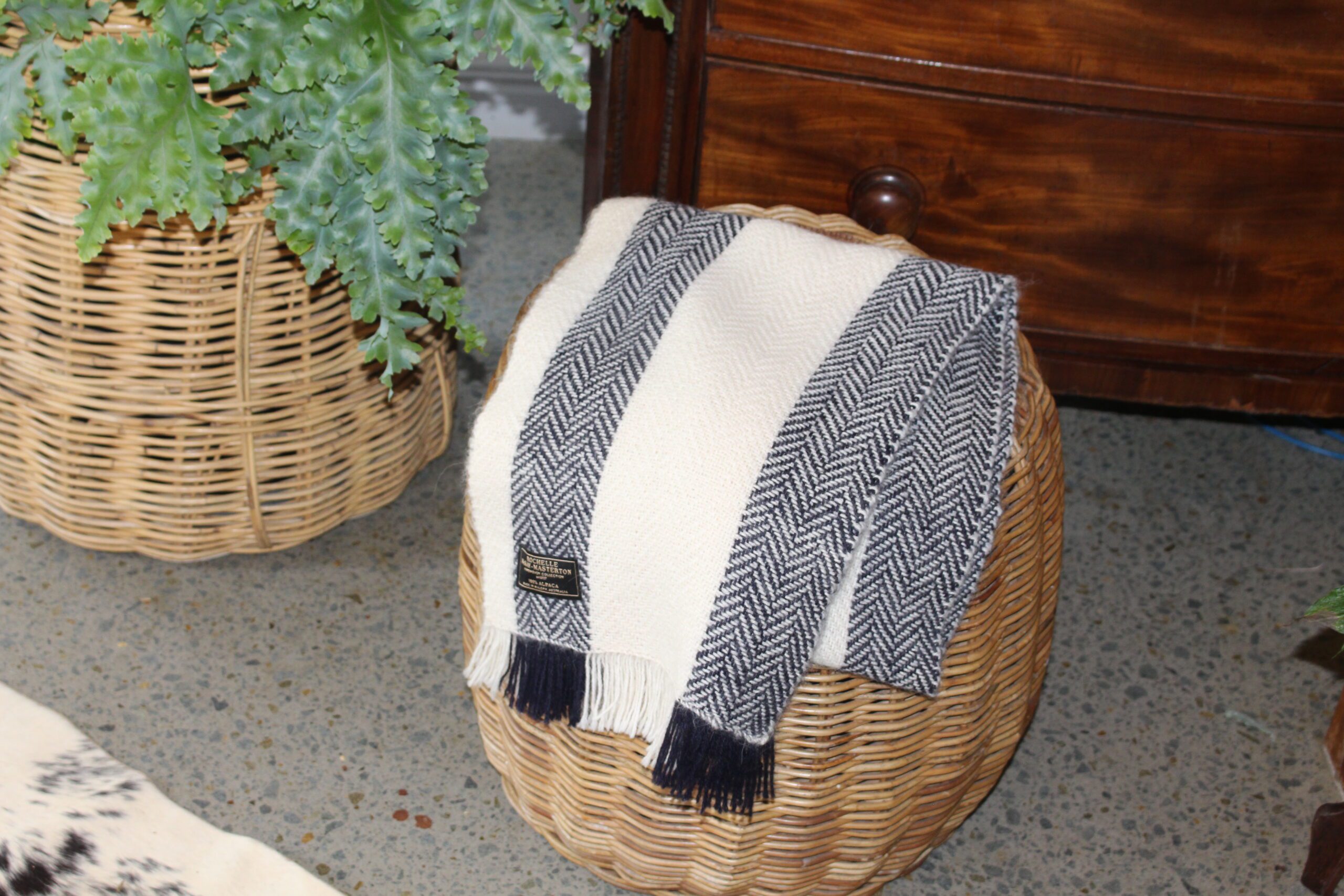 Handwoven White & French Blue Herringbone Pure Alpaca Scarf - Image 3