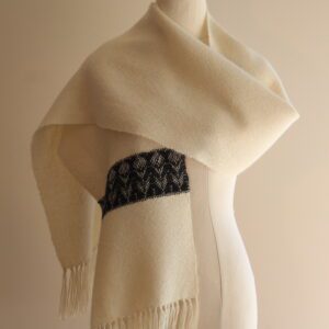 handwoven alpaca scarf Australia white and black waratah motif