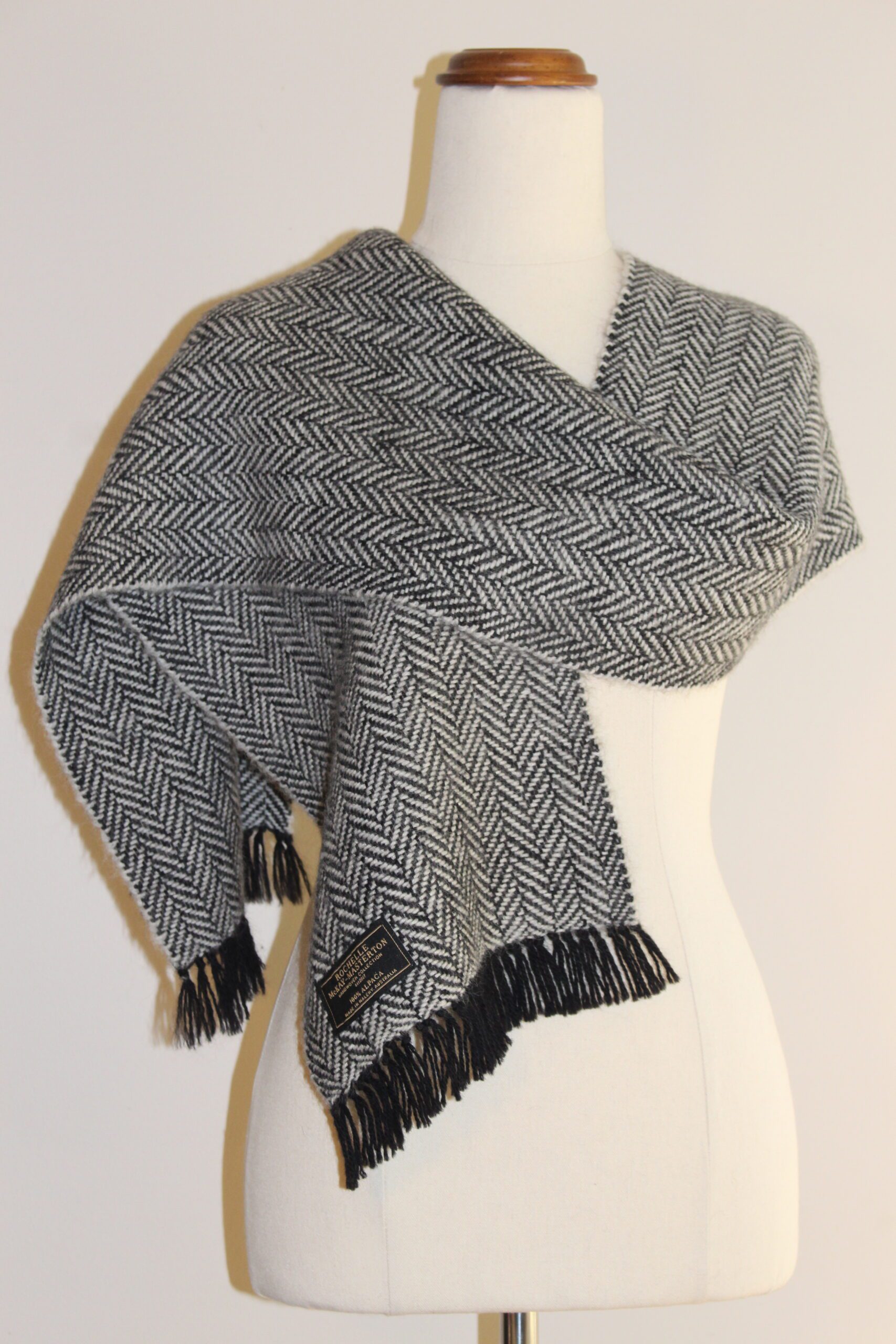 Handwoven Alpaca Scarf Australia. black and white herringbone