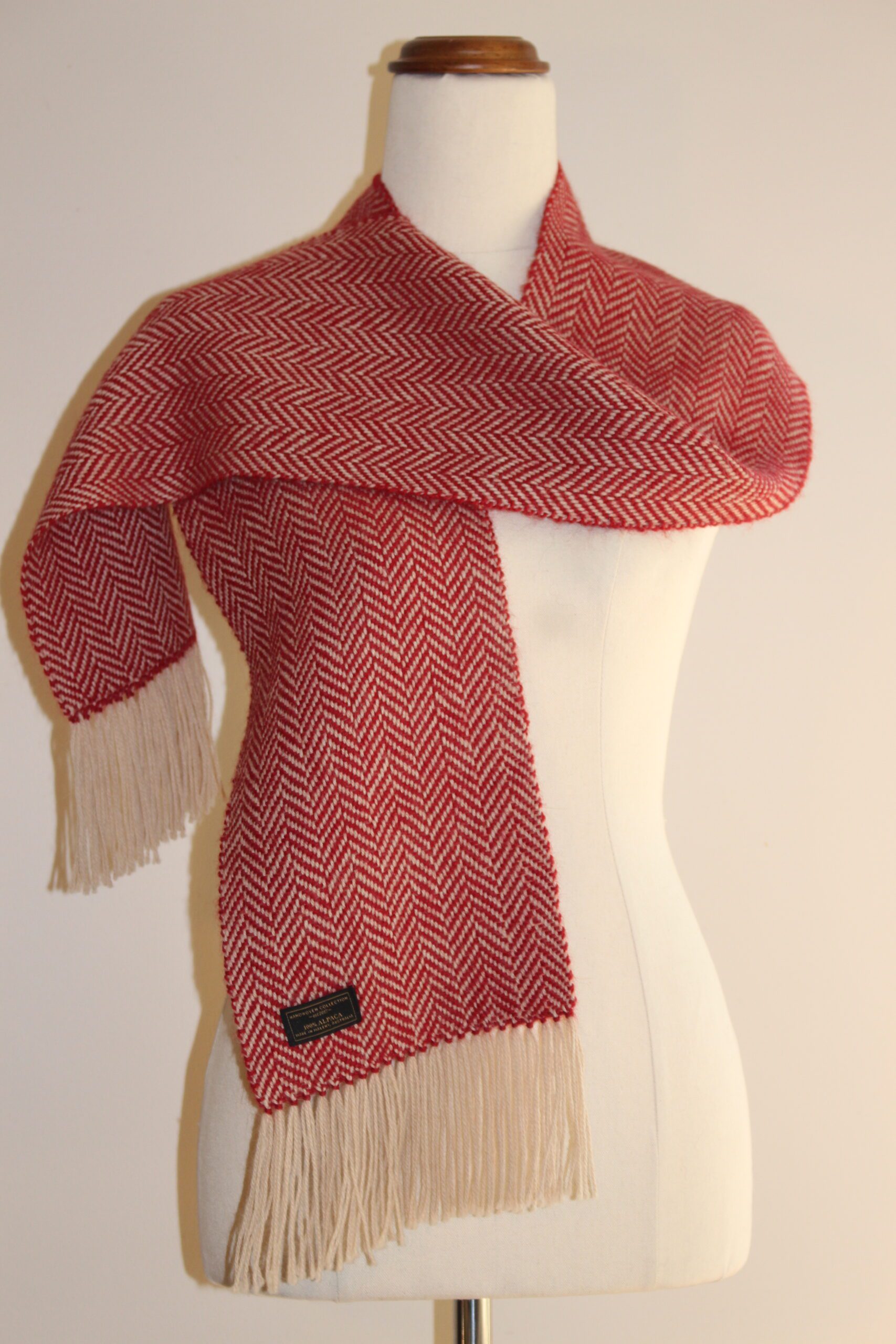Handwoven Alpaca Scarf Australia red and cream herringbone