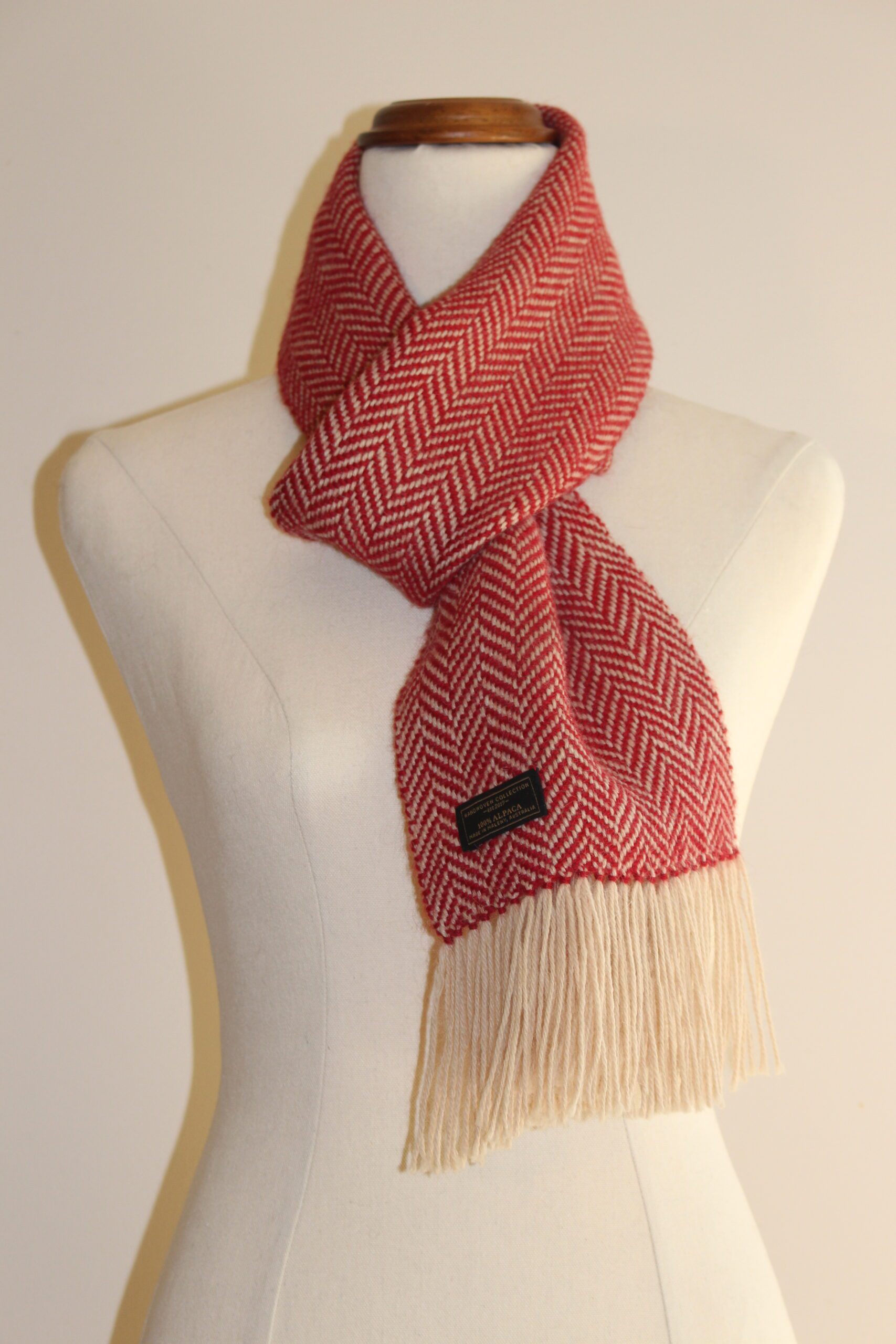 Handwoven alpaca scarf red and cream herringbone variation