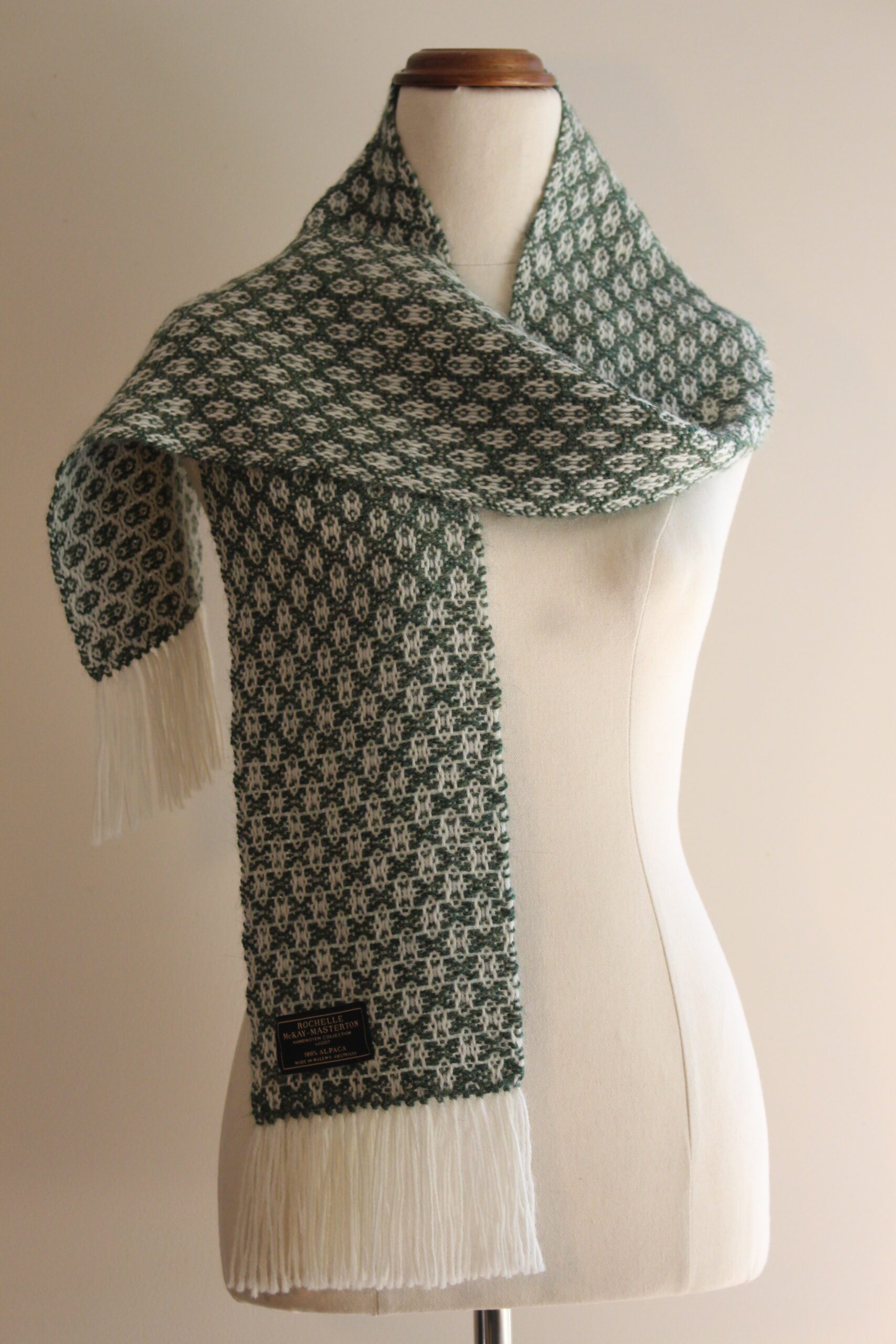 Handwoven Green and White Twill Pure Alpaca Scarf