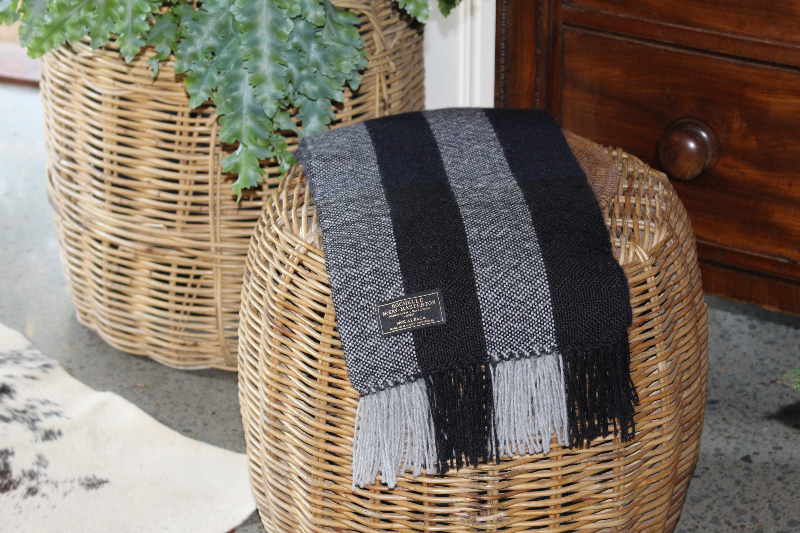 Handwoven Dark Blue & Grey Stripes Pure Alpaca Scarf - Image 3