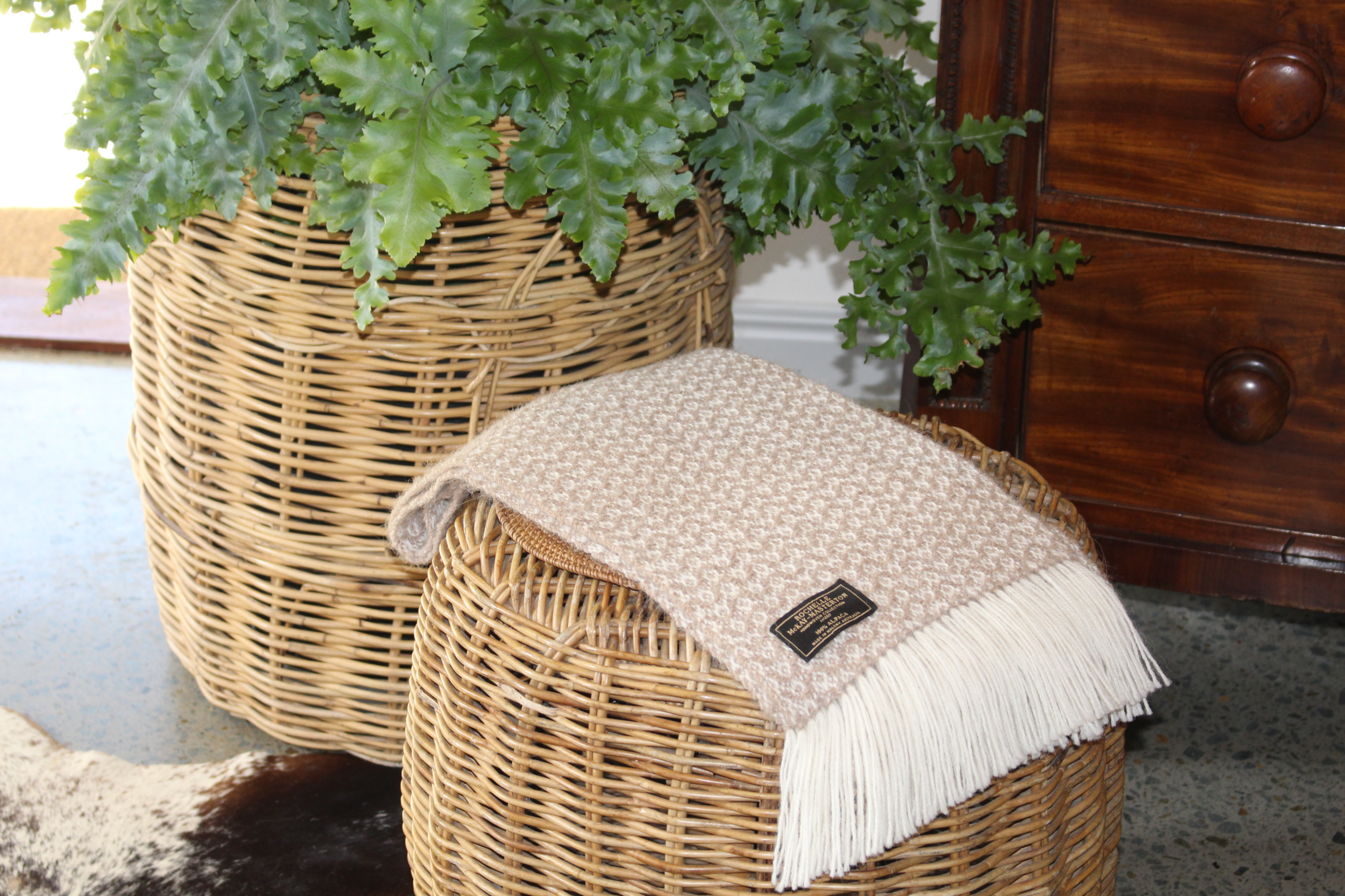 Handwoven Fawn & White Twill Pure Alpaca Scarf - Image 2