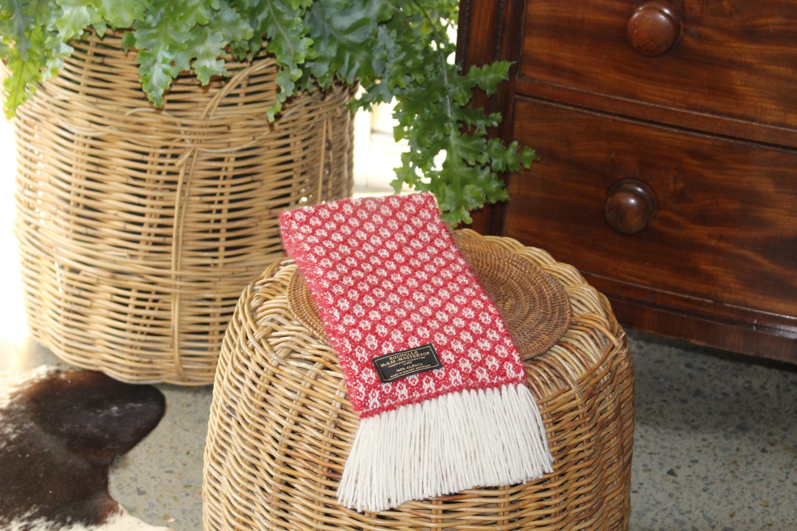 Handwoven Red & White Twill Pure Alpaca Scarf - Image 2