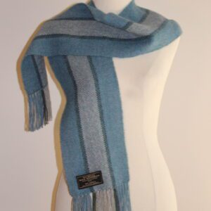 handwoven alpaca scarf Australia grey and blue stripes for children