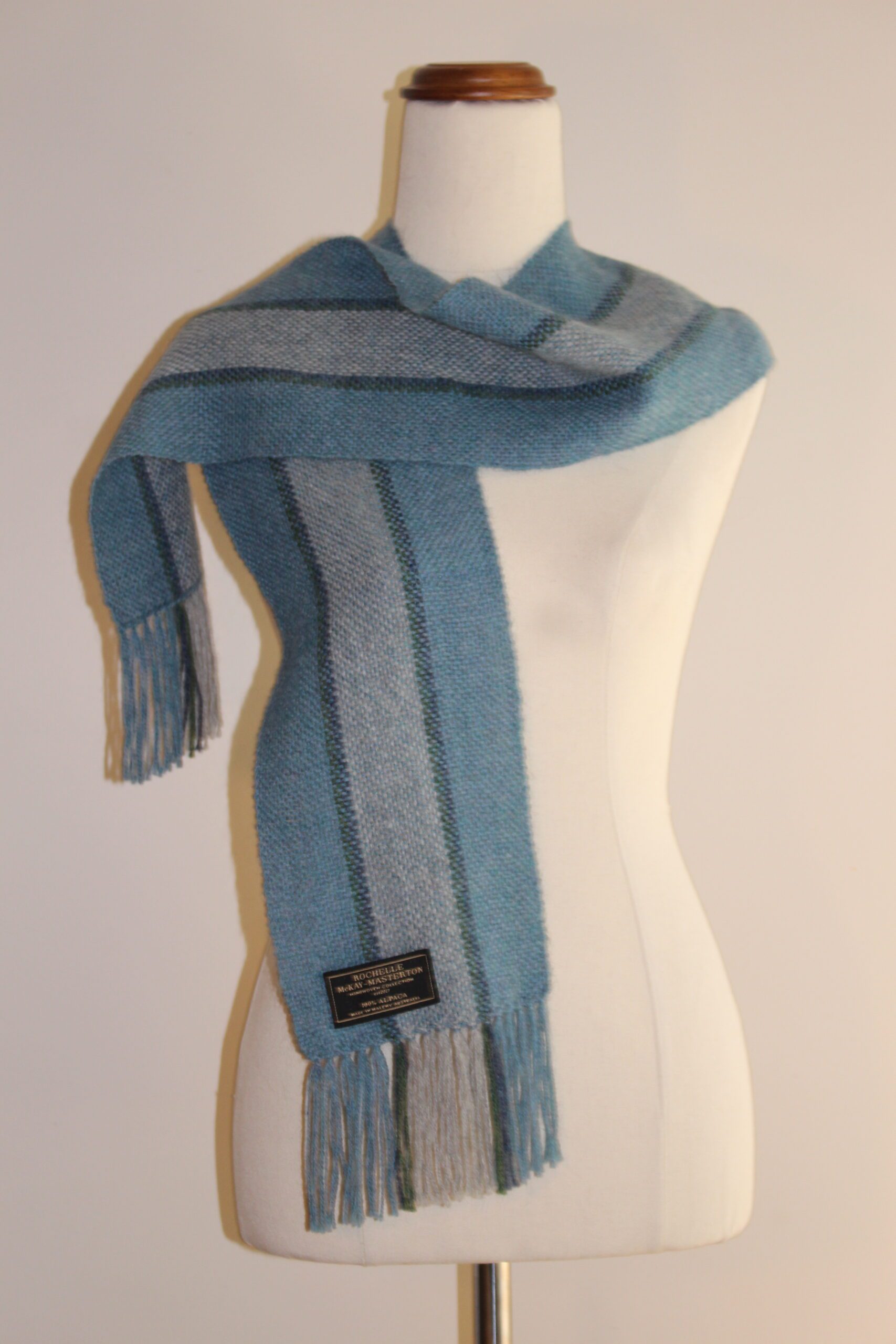 handwoven alpaca scarf Australia grey and blue stripes for children