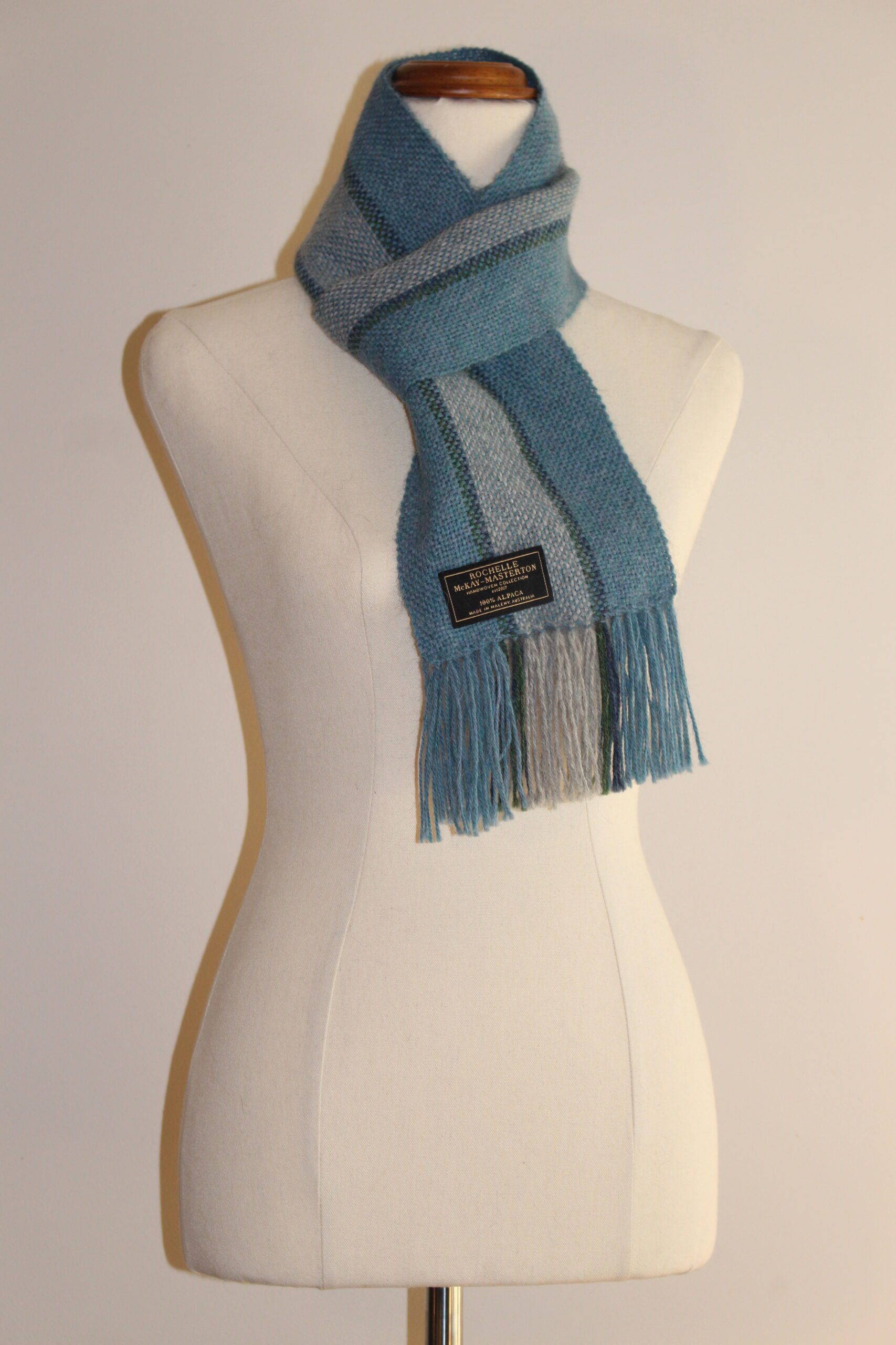 Handwoven Blue and Grey Stripes Pure Alpaca Scarf - Image 2