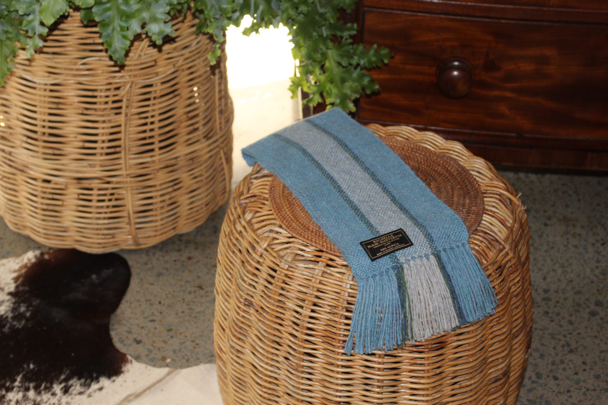 Handwoven Blue and Grey Stripes Pure Alpaca Scarf - Image 3
