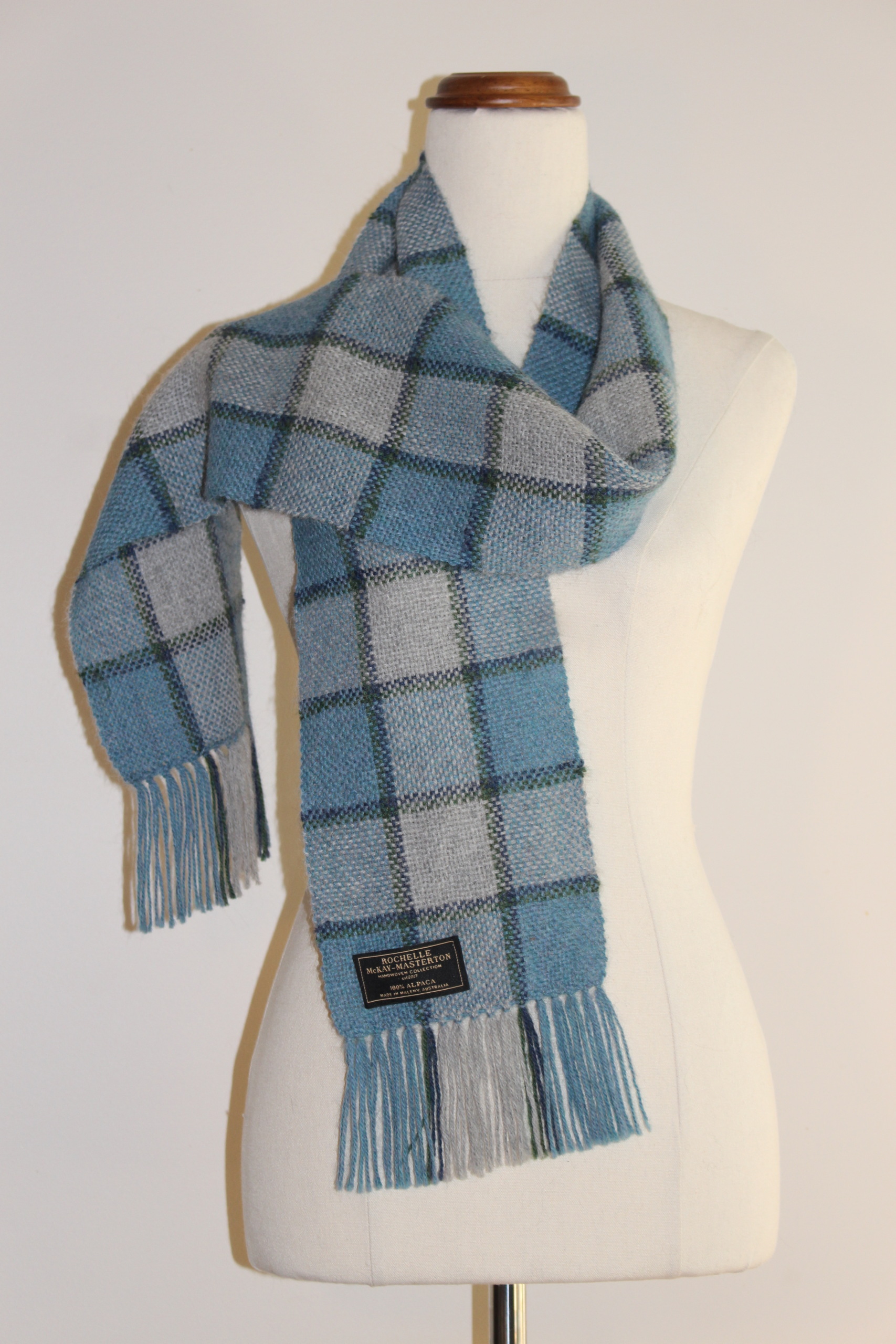 Handwoven alpaca scarf Australia. blue and grey checks for children