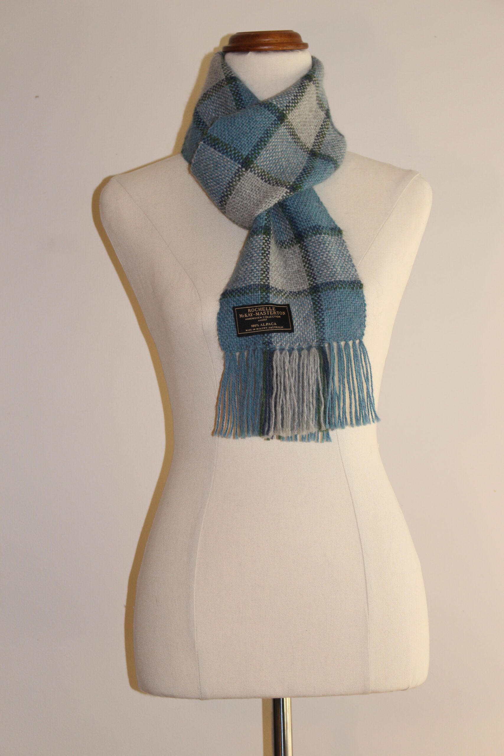 Handwoven Blue, Grey & Green Checks Pure Alpaca Scarf - Image 2