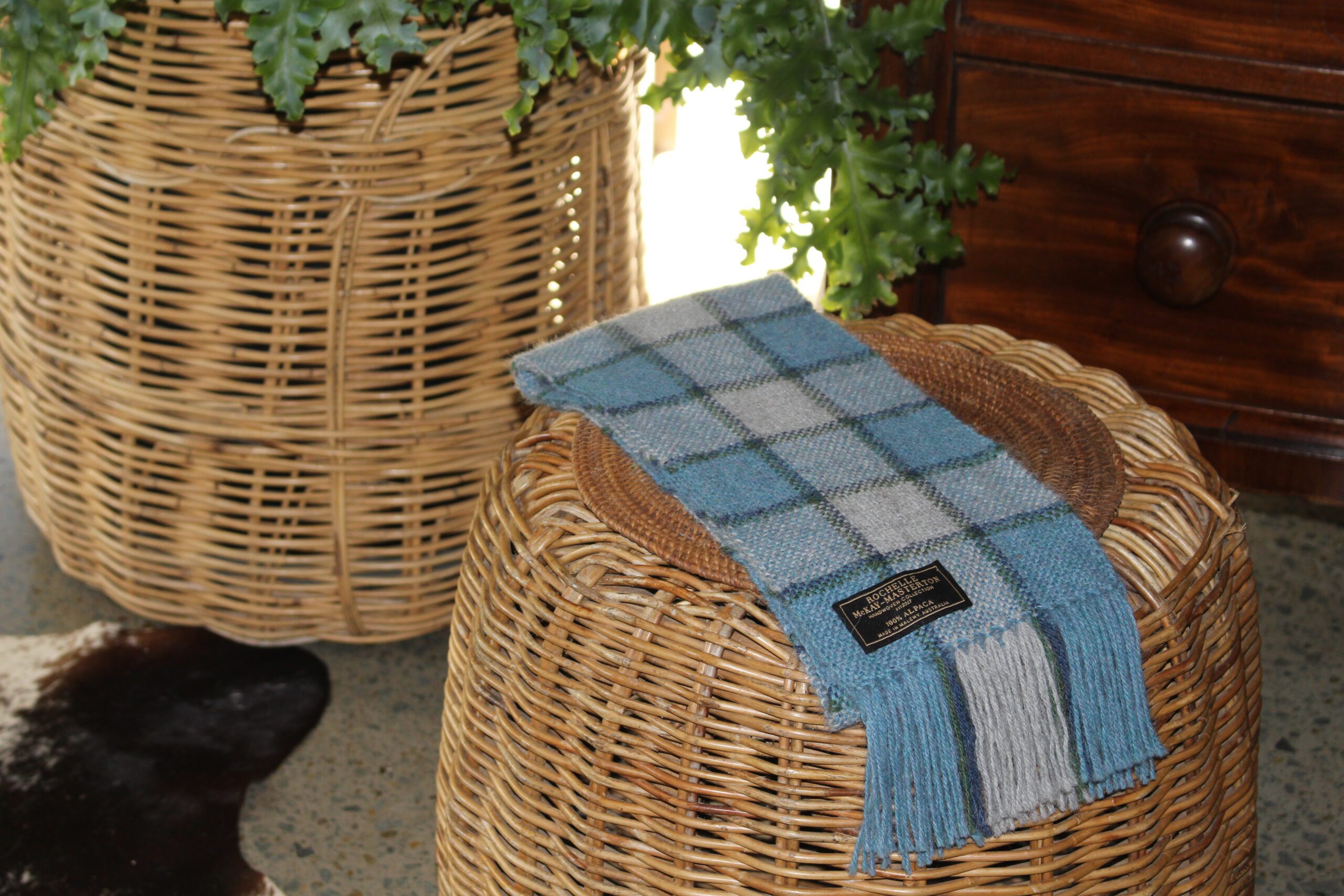Handwoven Blue, Grey & Green Checks Pure Alpaca Scarf - Image 3