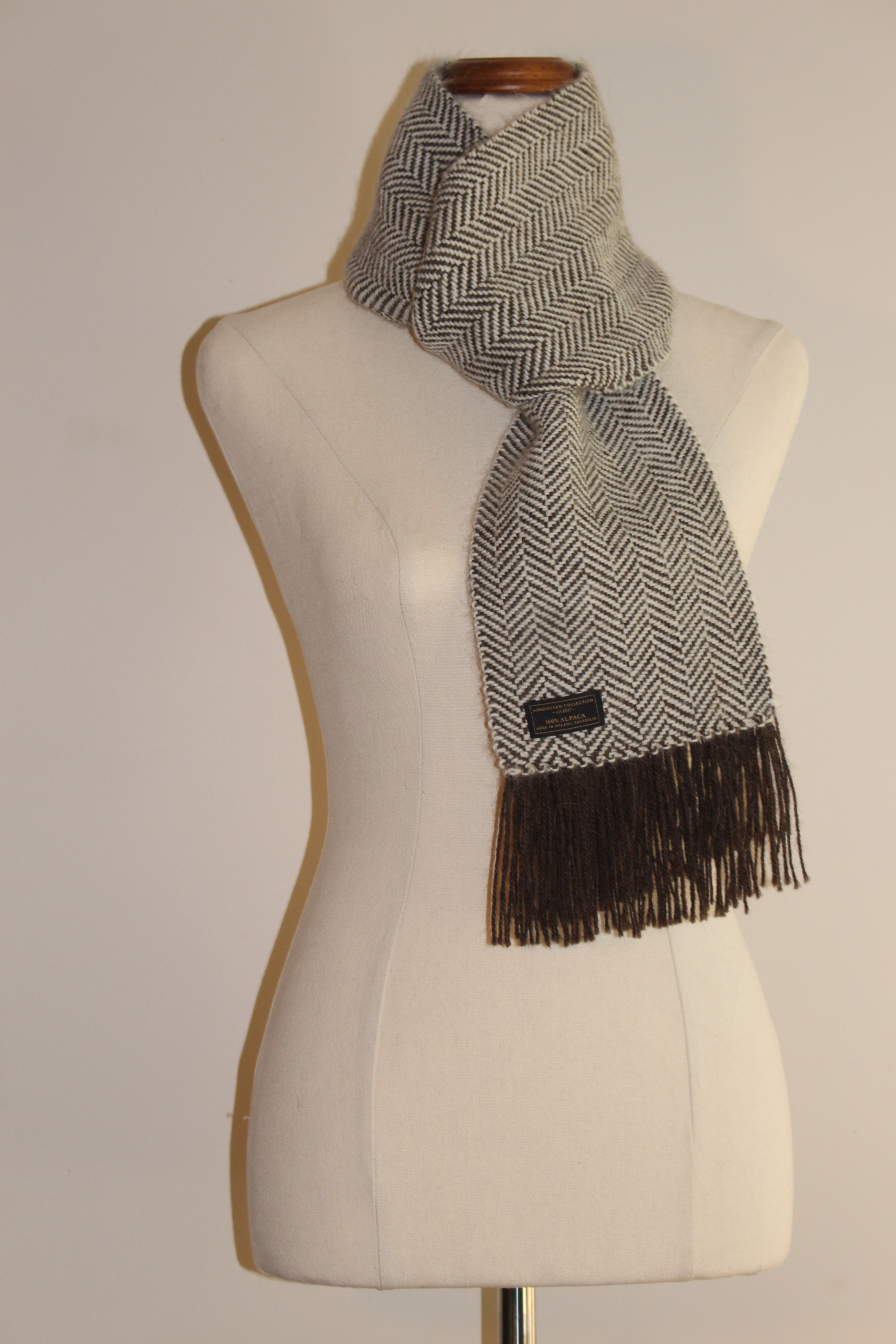 Handwoven Alpaca Scarf brown and wite herringbone draped