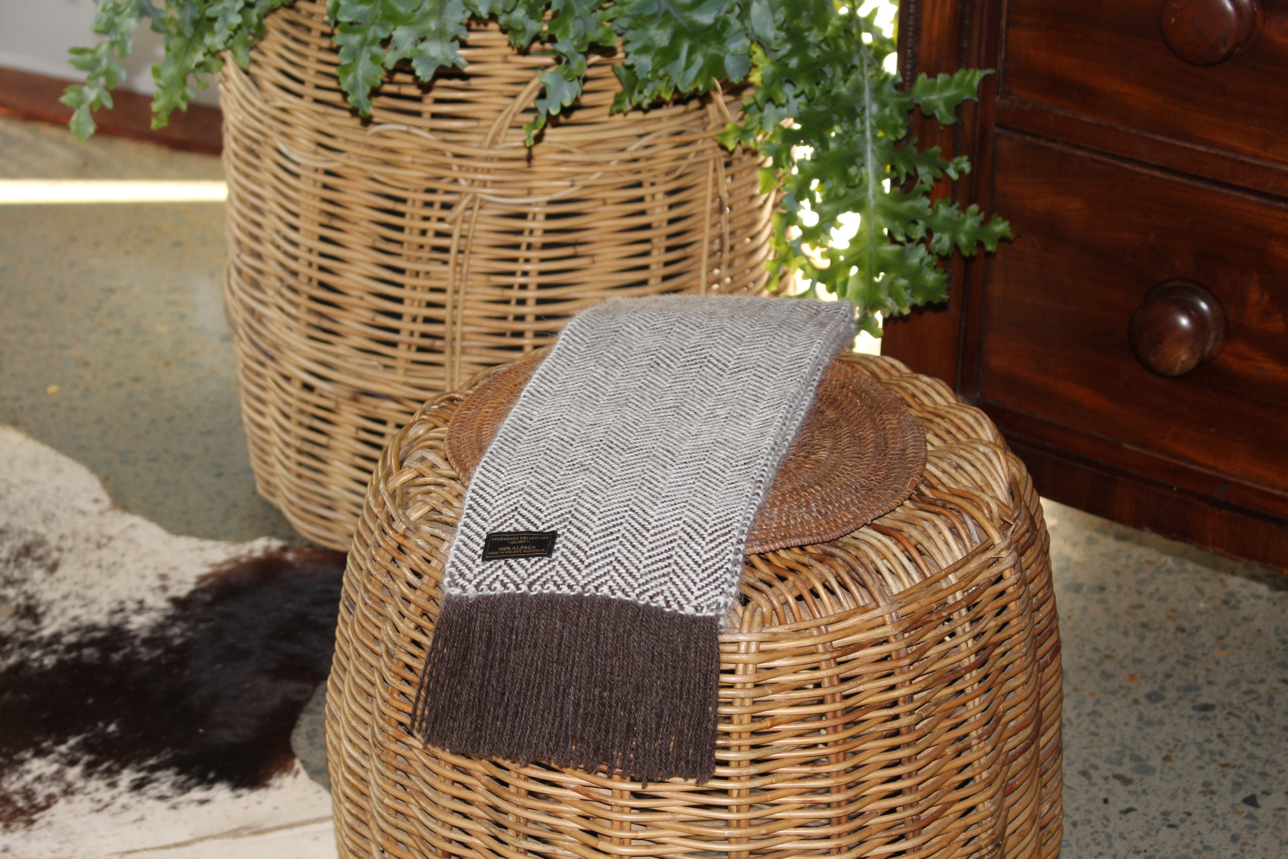 Handwoven Alpaca Scarf herringbone over seat