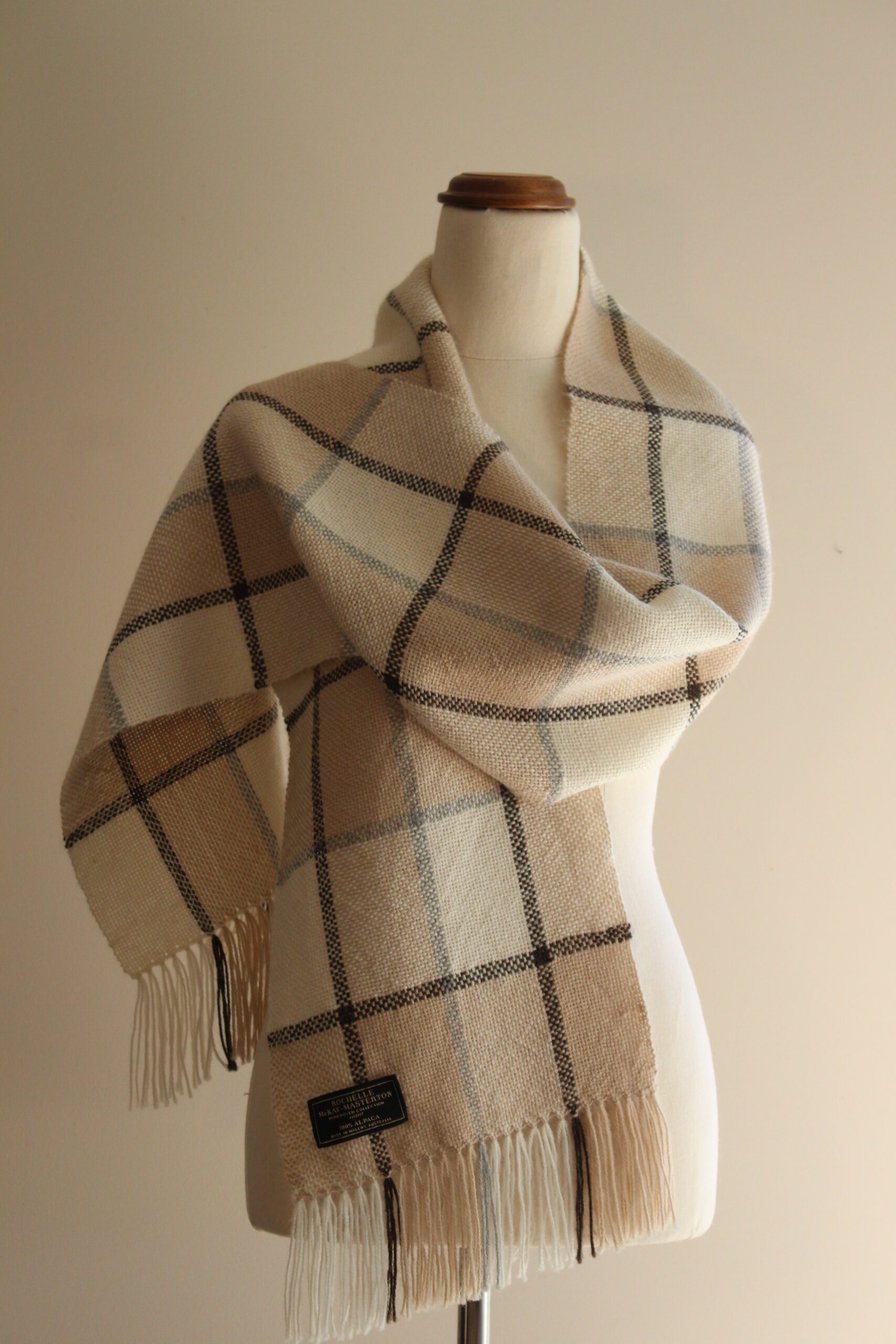 Alpaca Scarf Australia Fawn, White, Grey & Brown Plaid