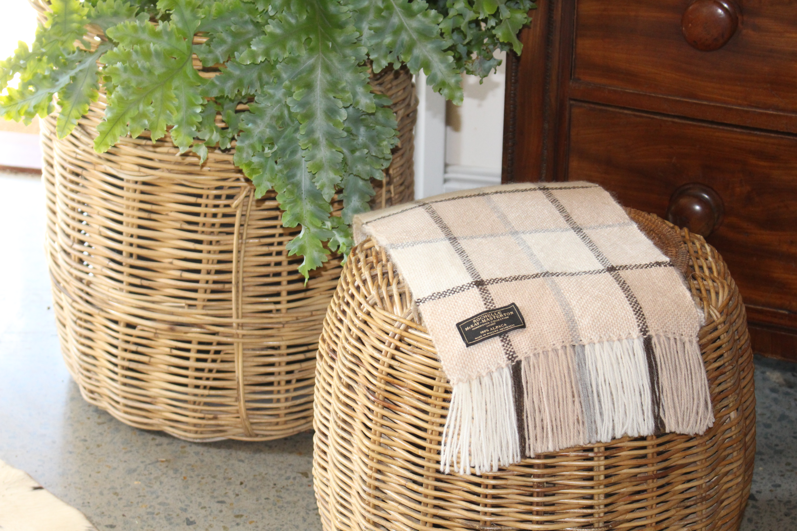 Handwoven Fawn, White, Grey & Brown Plaid Pure Alpaca Scarf - Image 2