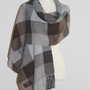 Alpaca Shawl Australia. Brown, grey and charcoal plain weave draped