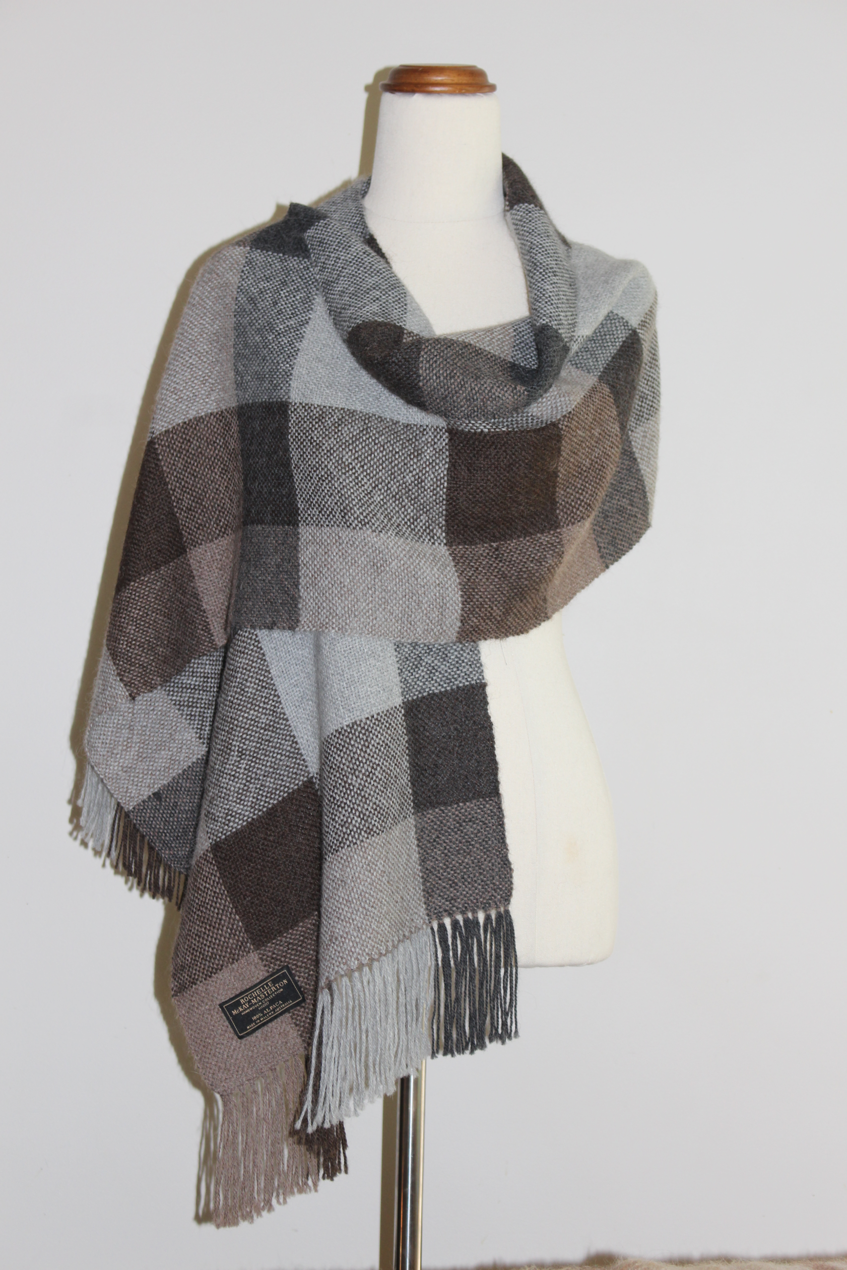 Alpaca Shawl Australia. Brown, grey and charcoal plain weave draped