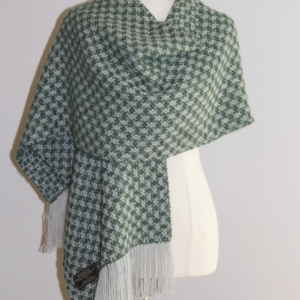 Handwoven Alpaca Shawl in Green and grey twill