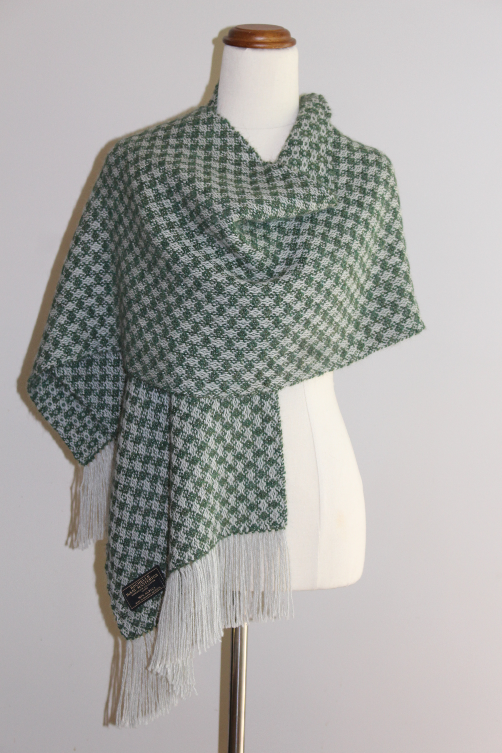 Handwoven Alpaca Shawl in Green and grey twill