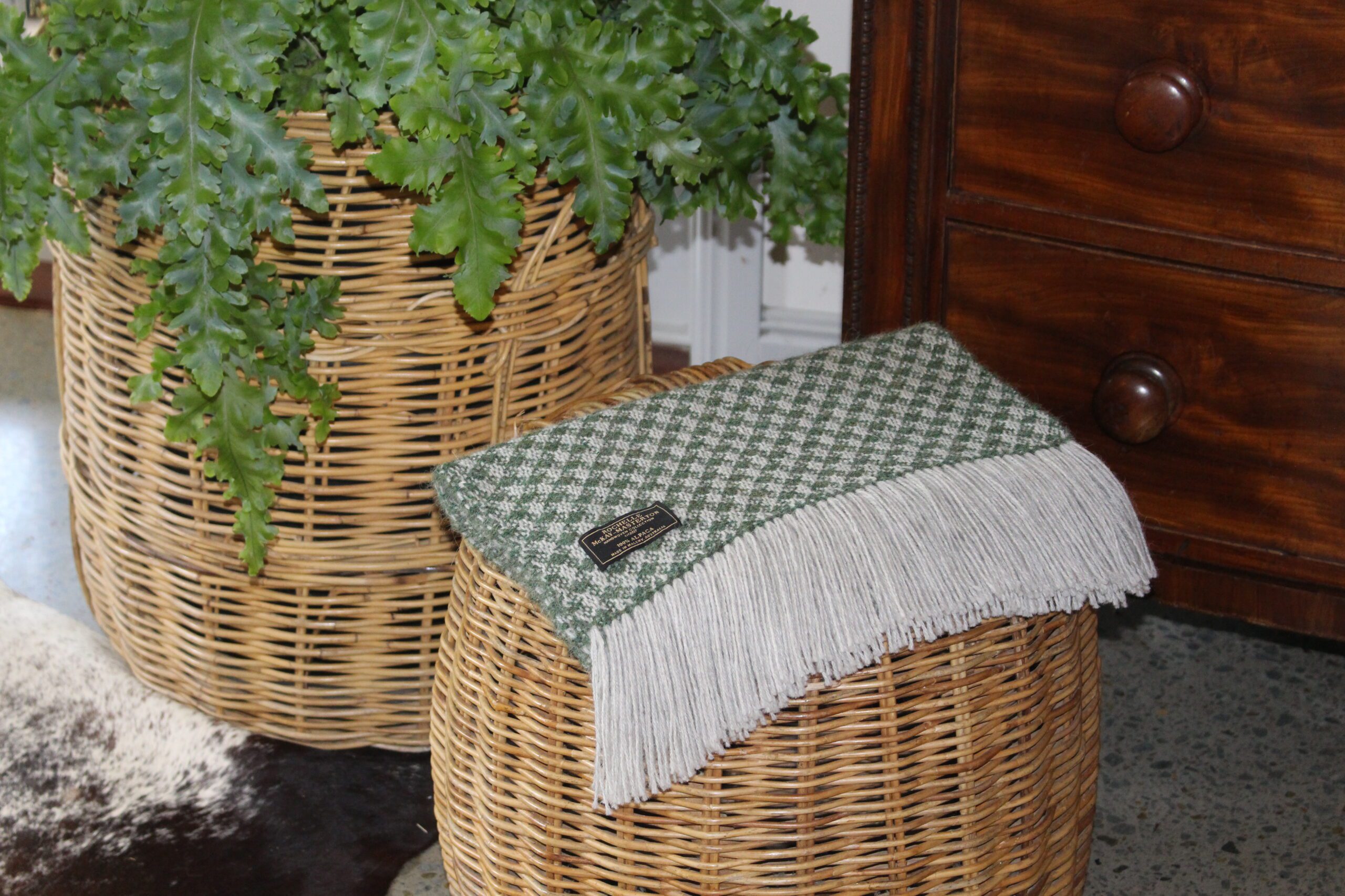 handwoven alpaca shawl draped over seat