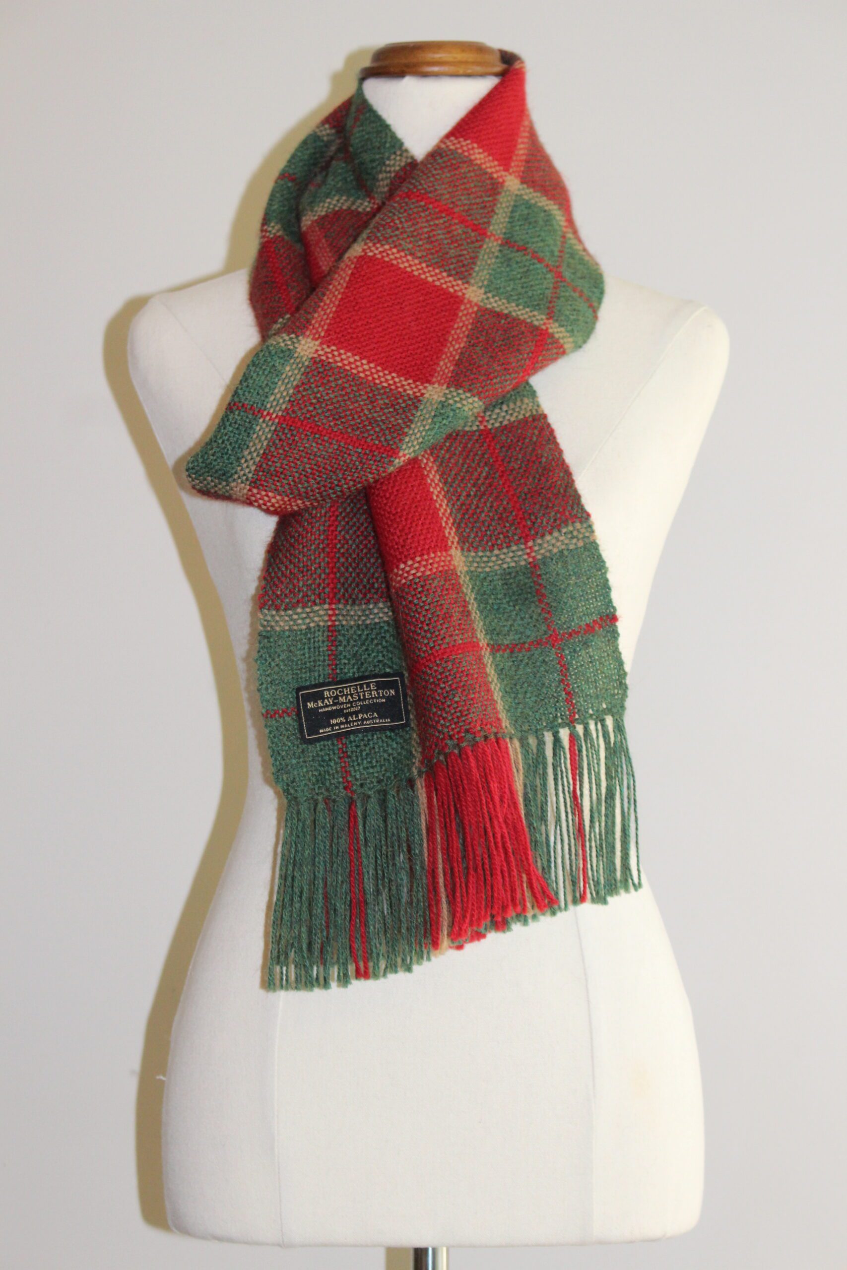 Handwoven Red, Green & Fawn Plaid Pure Alpaca Scarf - Image 2