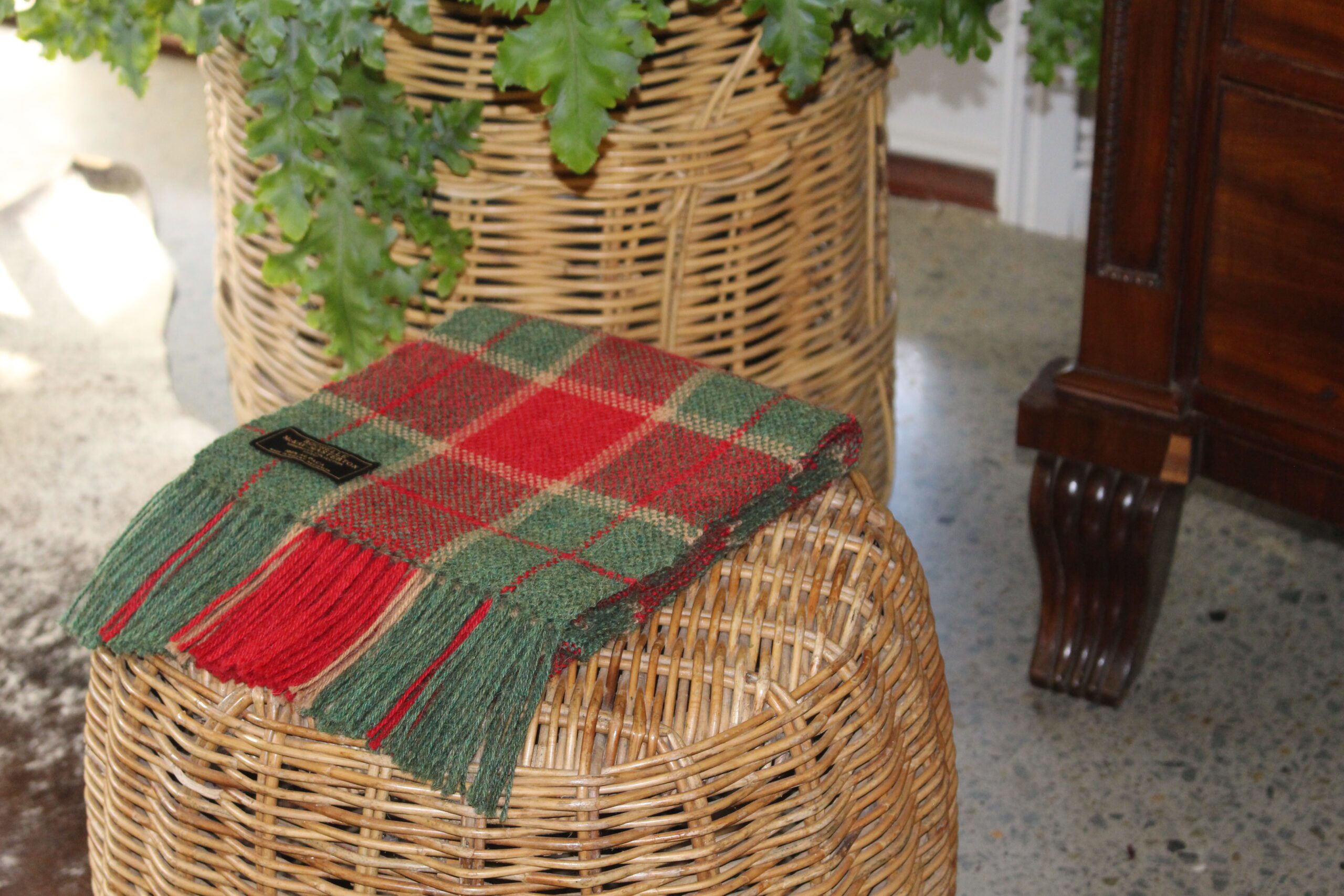 Handwoven Red, Green & Fawn Plaid Pure Alpaca Scarf - Image 3