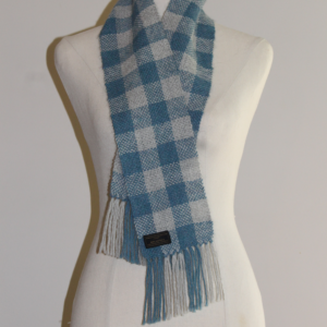 Handwoven alpaca scarf Australia. blue and greay plain weave for children