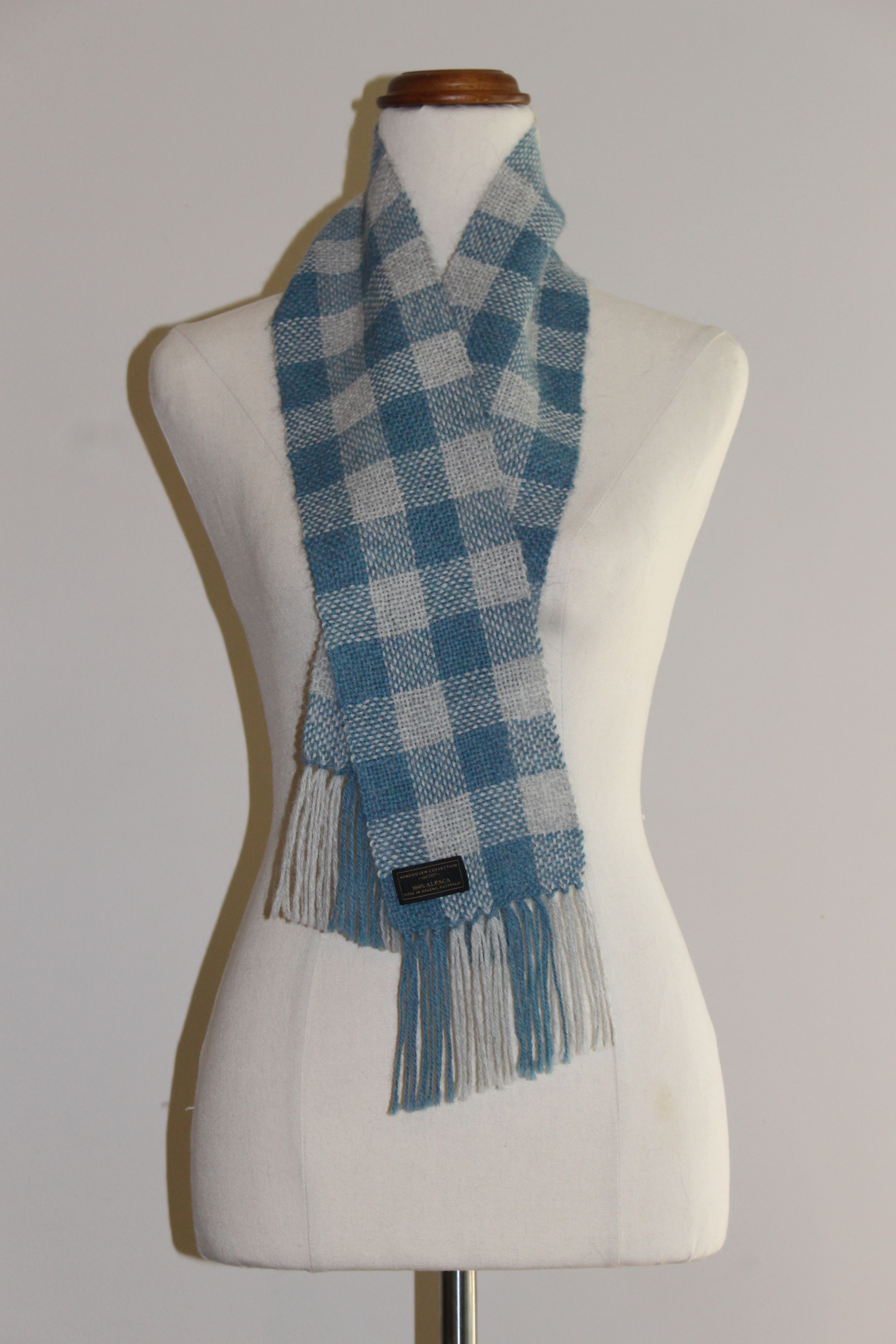Handwoven alpaca scarf Australia. blue and greay plain weave for children