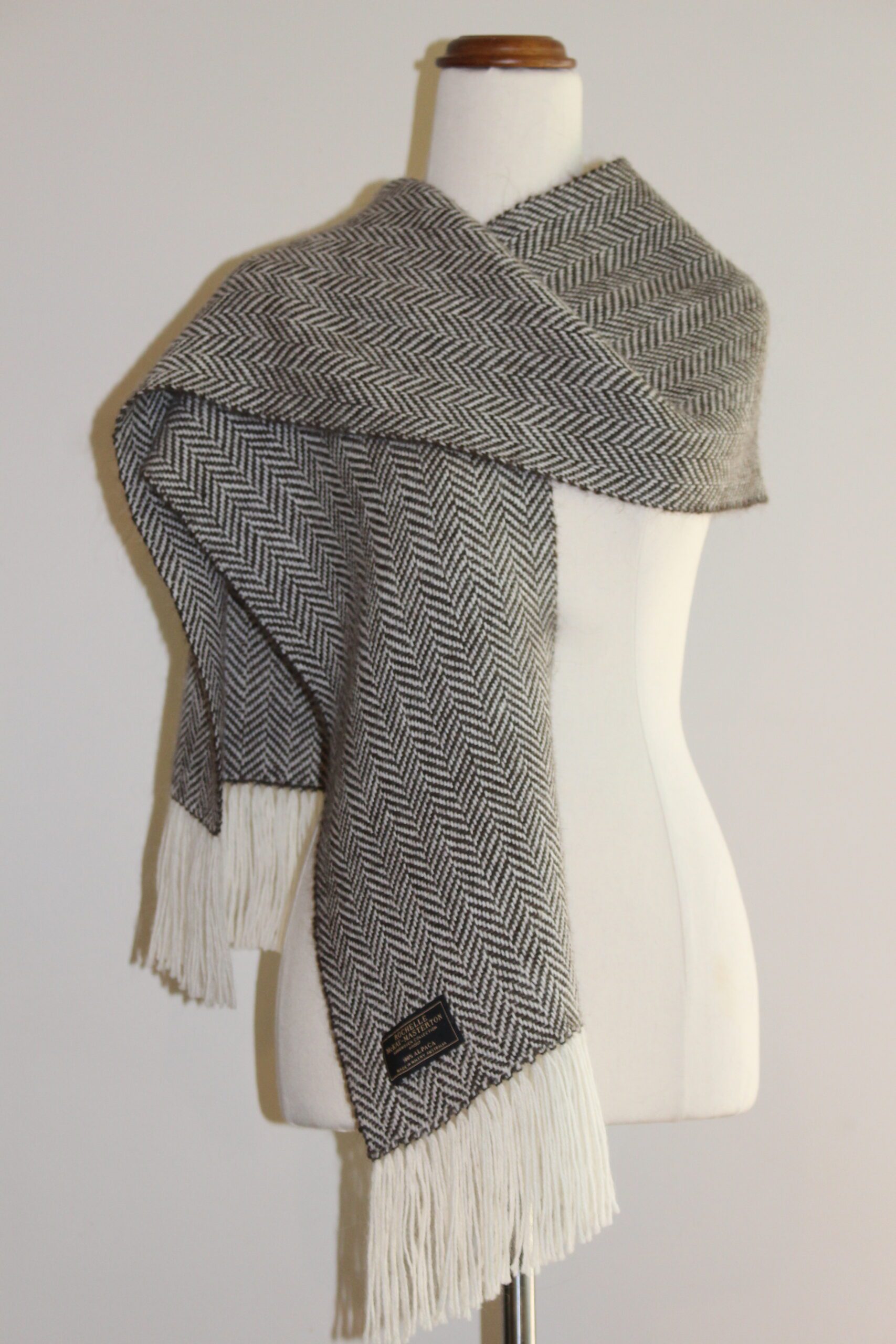 Handwoven Alpaca Scarf Australia. white and brown herringbone