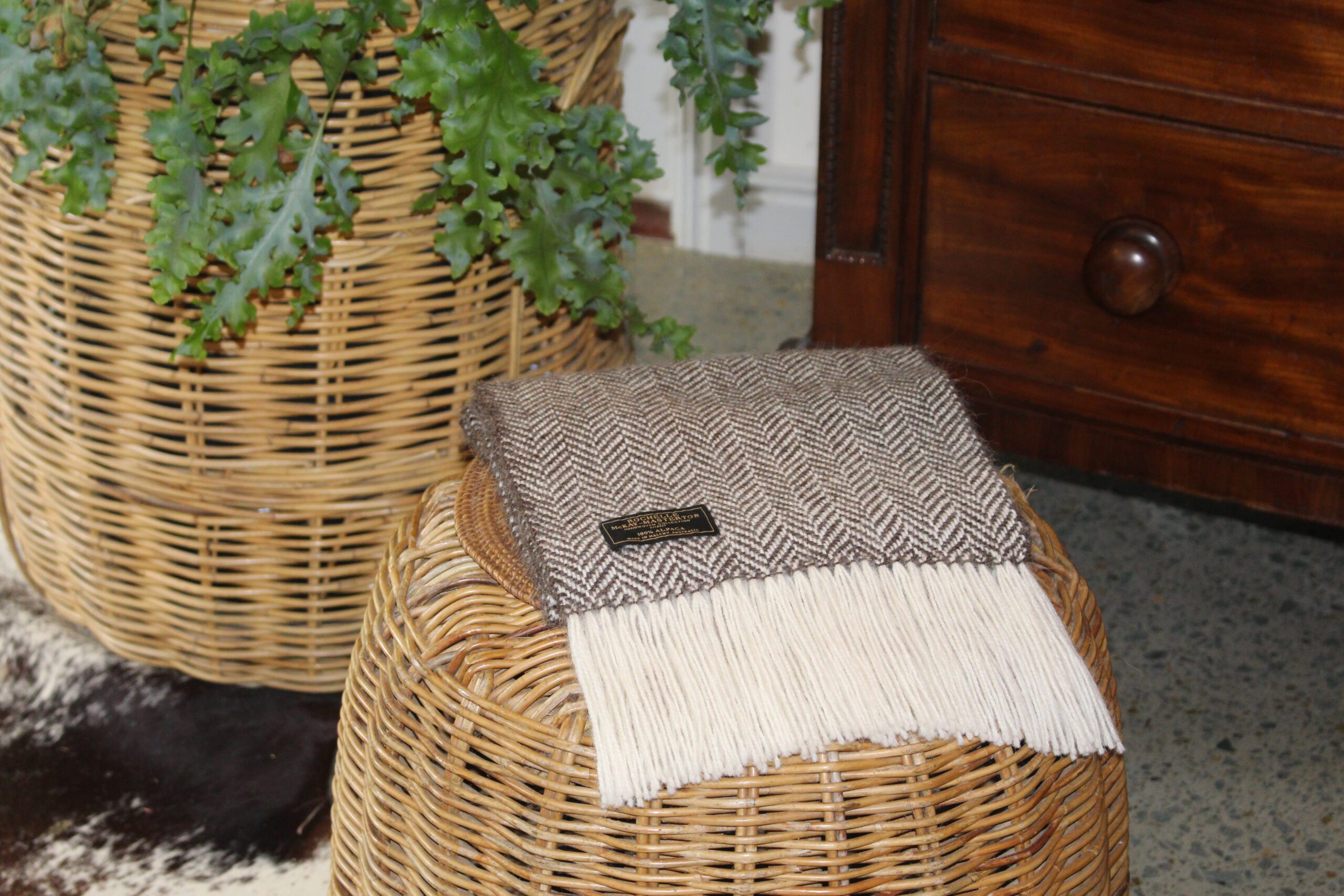 Handwoven Brown & White Herringbone Pure Alpaca Scarf - Image 2