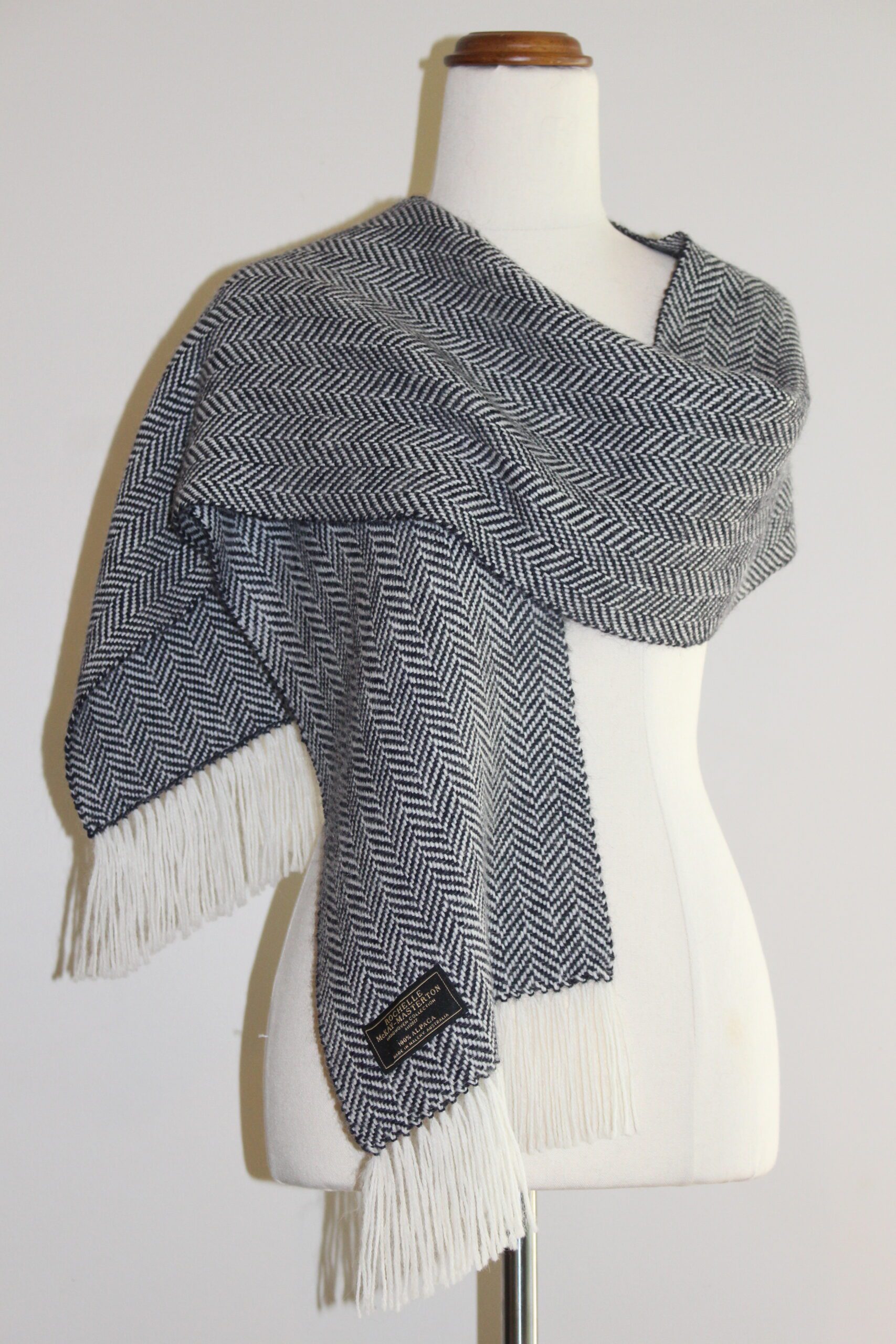 Handwoven Alpaca Scarf Australia. White and Black herringbone