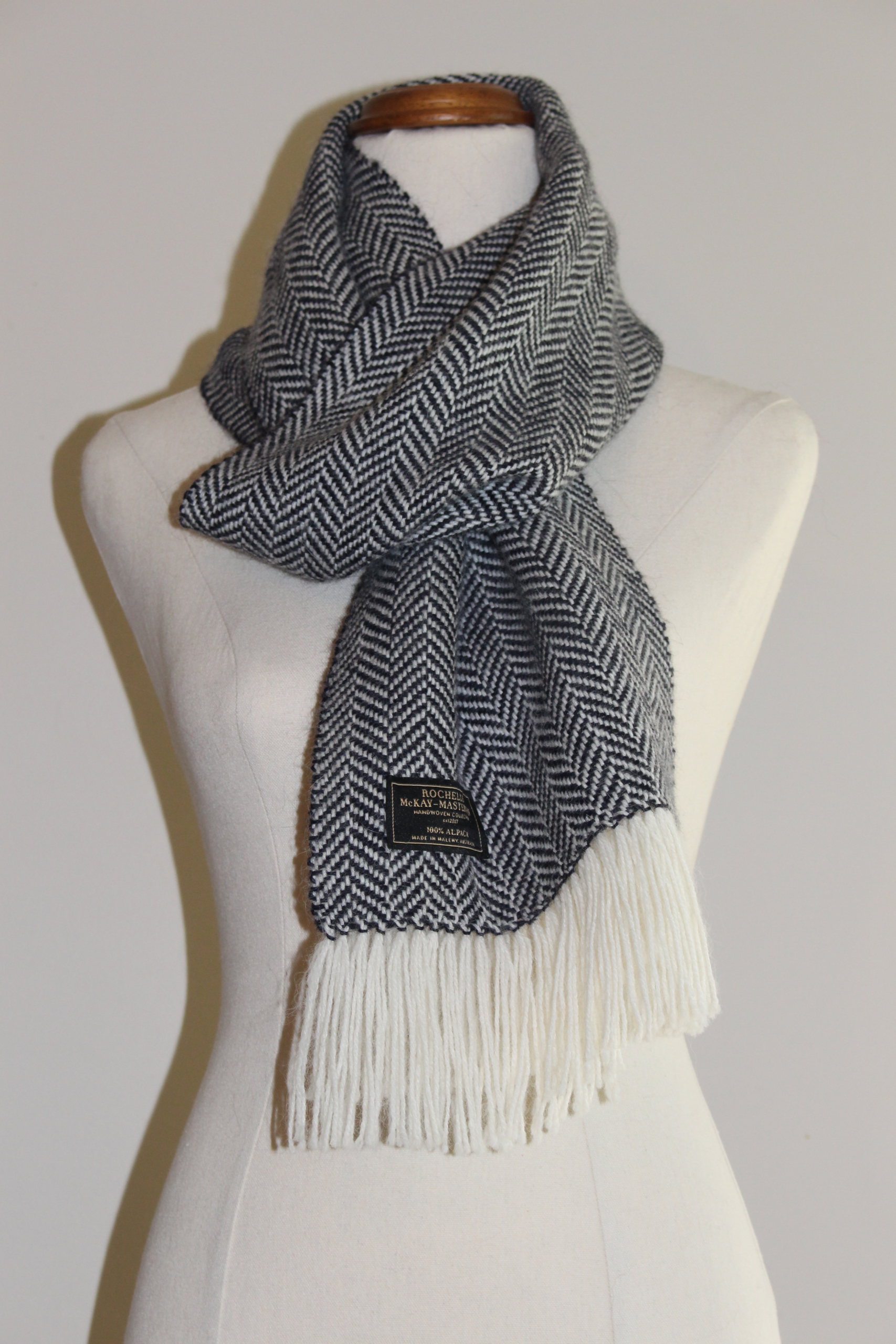 Handwoven Black & White Herringbone Pure Alpaca Scarf - Image 2